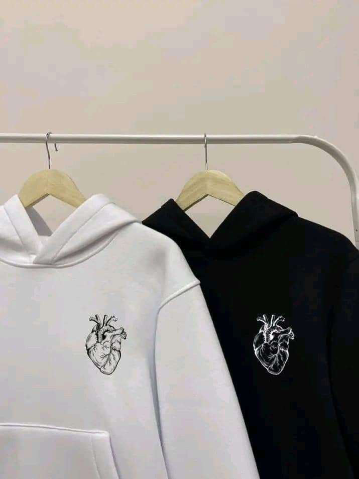 Minimalist Anatomical Heart Hoodie – Black & White Couple Set