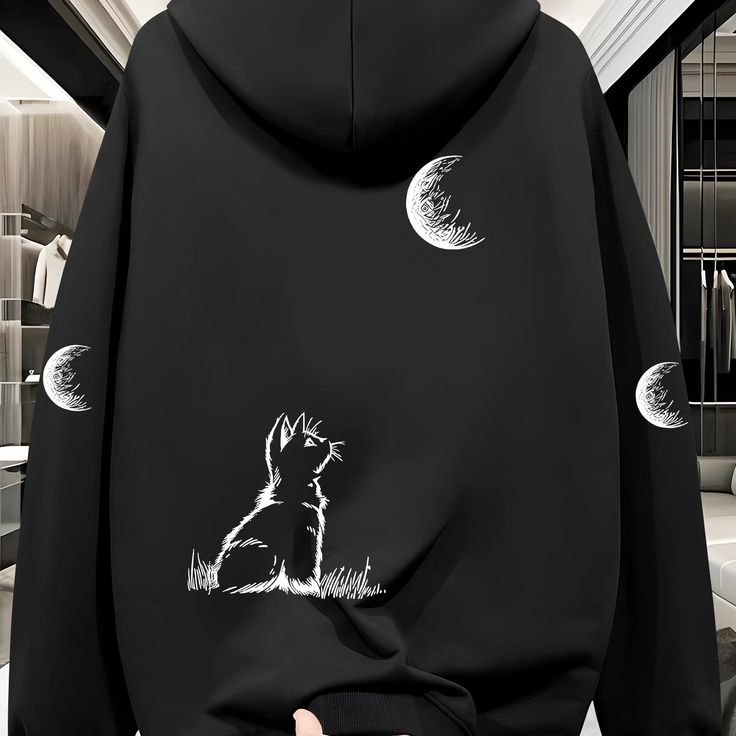 Moon & Cat Illustration Hoodie – Aesthetic Oversized Streetwear