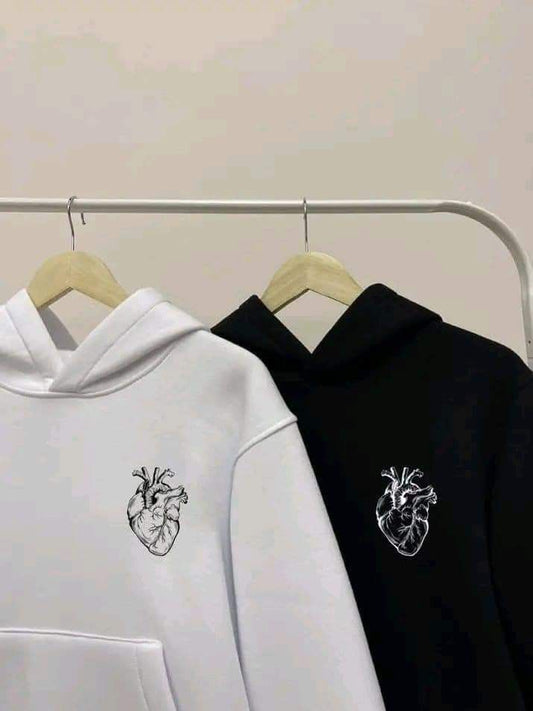 Minimalist Anatomical Heart Hoodie – Black & White Couple Set